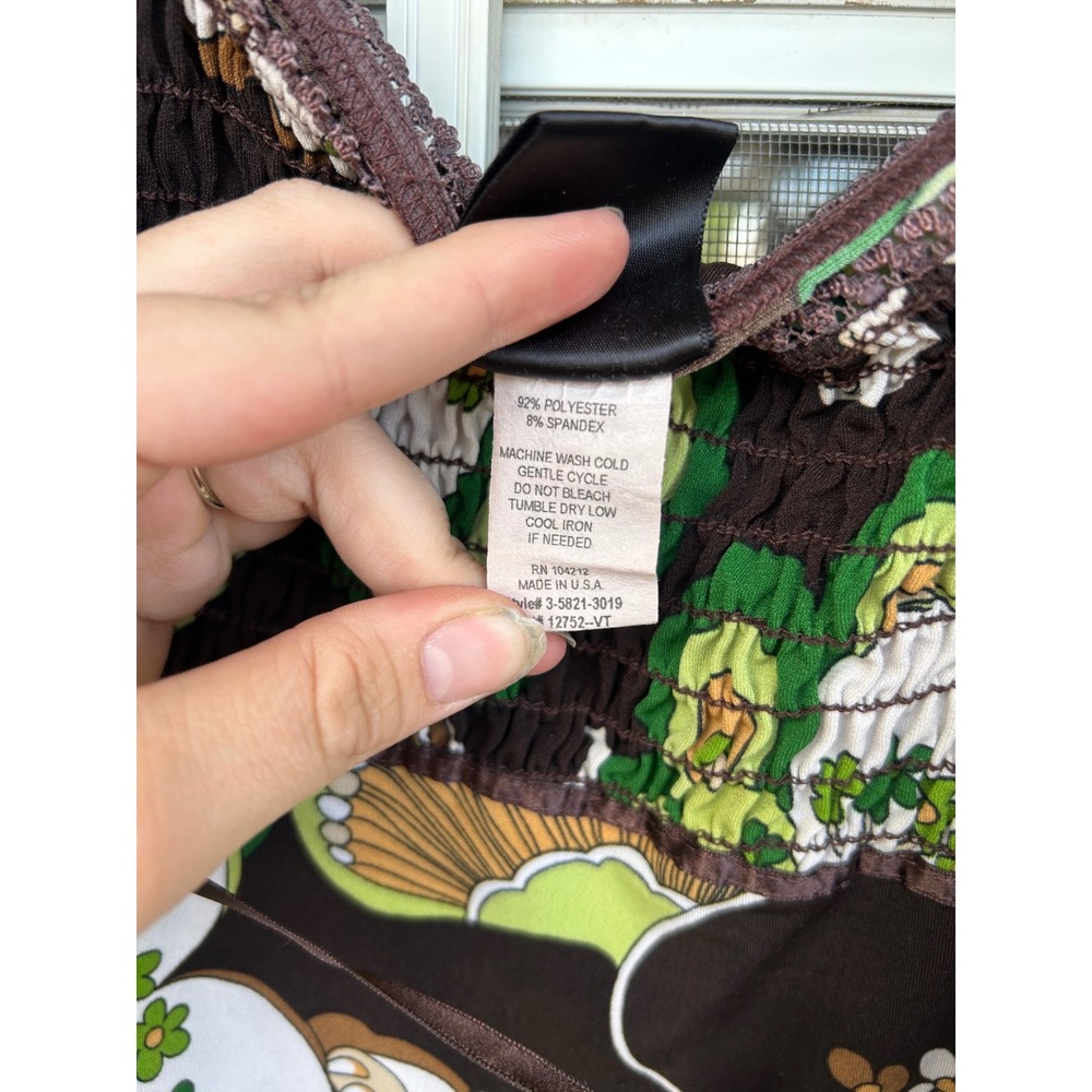 Y2k Brown Green Floral Psychedelic Smocked Babydoll Square Neck Top Retro Boho - Picture 2 of 10